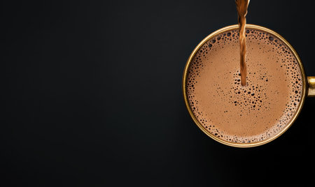 Freshly poured coffee in a golden cupの素材