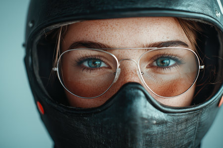 Close-up of a person wearing a motorcycle helmet and safety gogglesの素材