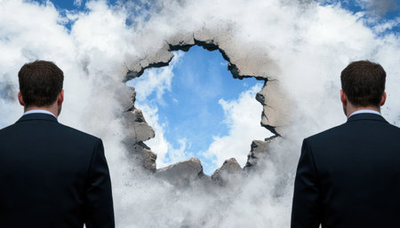 business people facing a cracked skyの素材