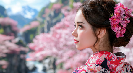 woman in traditional japanese kimono with cherry blossomsの素材