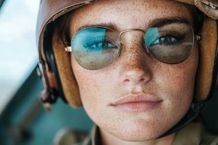 close-up portrait of a woman with freckles and turquoise eyeshadowの素材