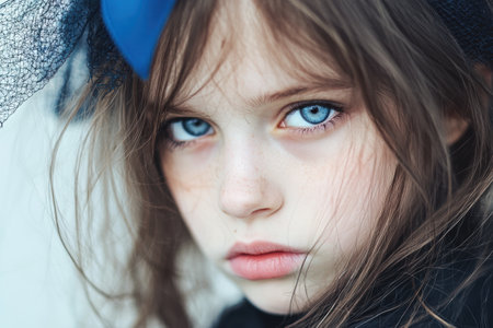 Pensive young woman with piercing blue eyesの素材