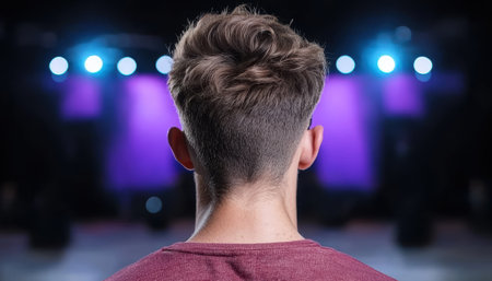 back view of person with stylish haircut on stageの素材