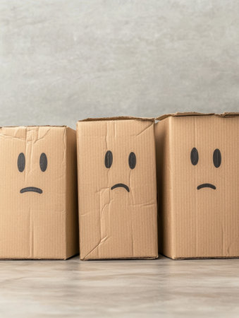 Cardboard boxes with sad face expressionsの素材