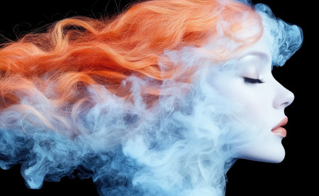 Artistic portrait of a woman with vibrant hair and smokeの素材