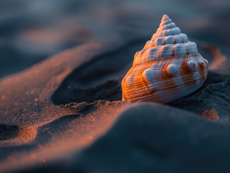 Vibrant seashell on sandy beach at sunsetの素材