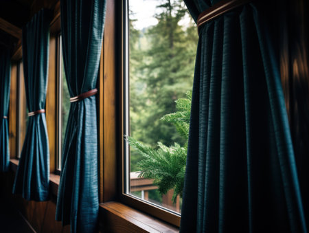 Cozy cabin window with forest viewの素材
