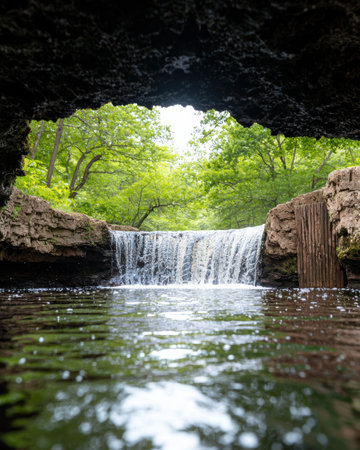 Serene waterfall in lush green forestの素材