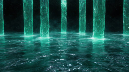 Serene underwater scene with glowing green columnsの素材