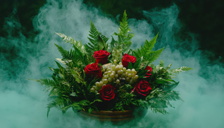 Vibrant floral arrangement with red roses and greeneryの素材