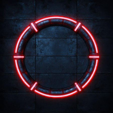 Glowing red neon circle on dark concrete wallの素材