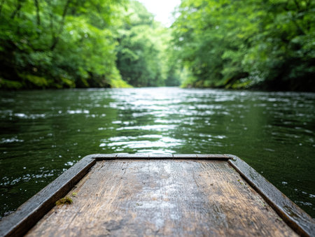 serene river flowing through lush green forestの素材