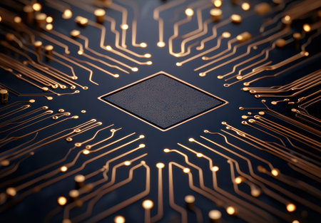 Intricate electronic circuit board with glowing tracesの素材
