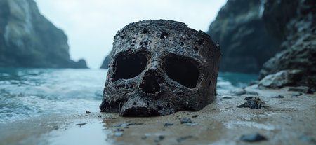 Mysterious skull-shaped rock on a beachの素材