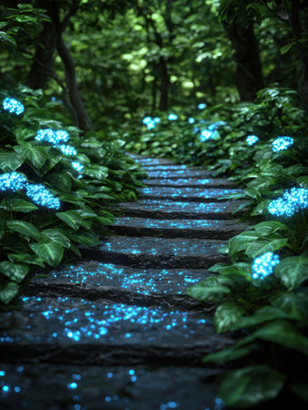 Enchanting glowing mushrooms along a forest pathの素材