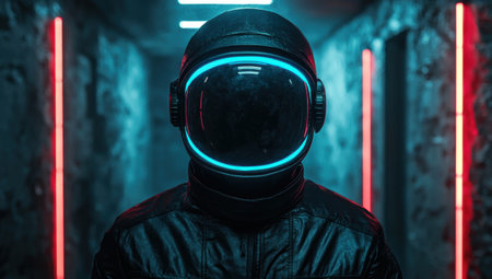 futuristic astronaut in space suit with glowing helmetの素材