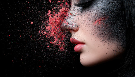 Artistic portrait of a person with red and black particlesの素材