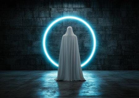 Mysterious hooded figure in glowing circleの素材