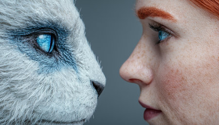 close up of a human face and a white furry animal's eyeの素材