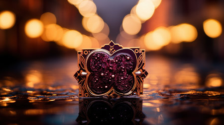 Ornate jewelry box reflecting in water with bokeh lightsの素材