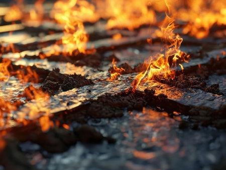 Blazing fire on charred woodの素材