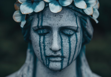 Sorrowful face with flowing tears and blue floral crownの素材