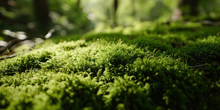 Lush green moss carpet in forestの素材