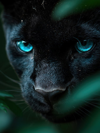 Intense glowing eyes of a black catの素材
