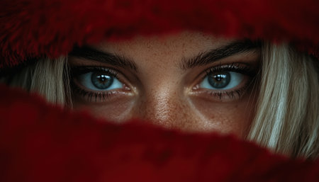 Mysterious blue eyes peering through red fabricの素材