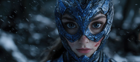 mysterious warrior woman in blue armor during snowstormの素材