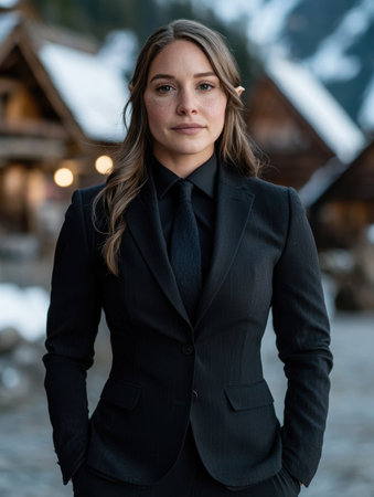 Confident woman in black coat standing in snowy landscapeの素材