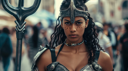Fierce female warrior with braided hair and tribal face paintの素材