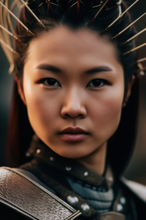 Thoughtful asian woman with traditional hairstyleの素材