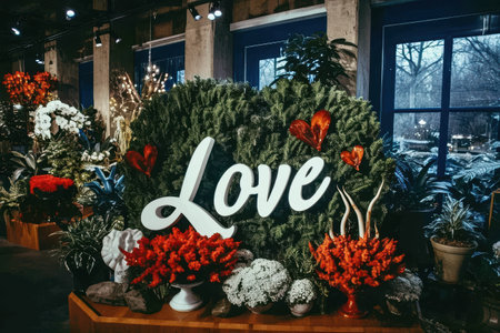 Festive floral display with love signの素材