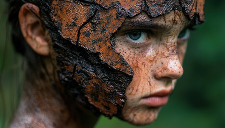 Rugged face covered in mud and dirtの素材