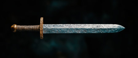 Ornate medieval sword on dark backgroundの素材