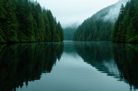 serene forest lake landscape with misty mountainsの素材