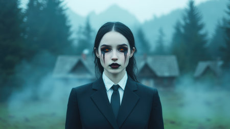 Mysterious figure in dark suit with glowing eyesの素材