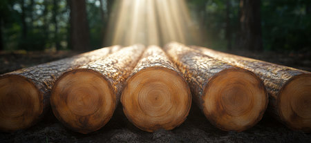 Sunlight shining through stacked logs in a forestの素材