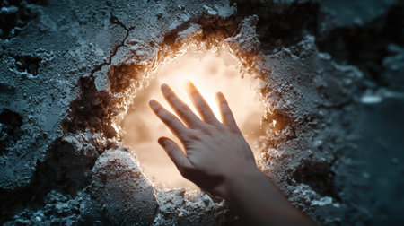 hand reaching through ice crack towards lightの素材