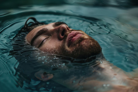 man floating peacefully in serene waterの素材