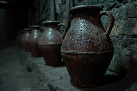 Antique clay pots in a dark, moody settingの素材