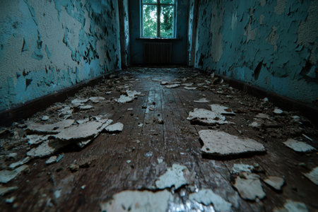 Abandoned building interior with peeling walls and damaged floorの素材