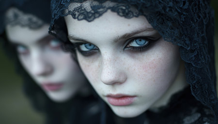 mysterious woman with blue eyes and lace veilの素材