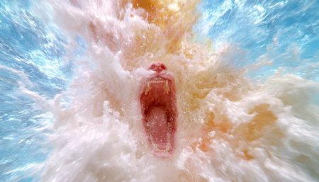 Powerful water splash with open mouthの素材