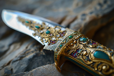 Ornate golden and turquoise jewelry on rocky surfaceの素材