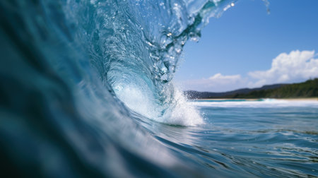Crashing ocean wave with tropical beach in backgroundの素材