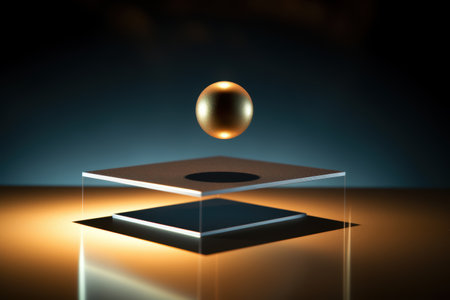 Floating golden sphere on abstract geometric shapesの素材