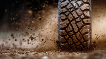 tire tread kicking up dirt and mudの素材