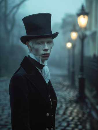 mysterious man in top hat on foggy streetの素材